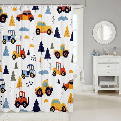 Feelyou Excavator Shower Curtain Cartoon Car Bathroom Shower Curtain Set Construction Vehicles Bath Curtain for Kids Boys Girls Equipment Trucks Kids Bathroom Accessories 72"x84"
