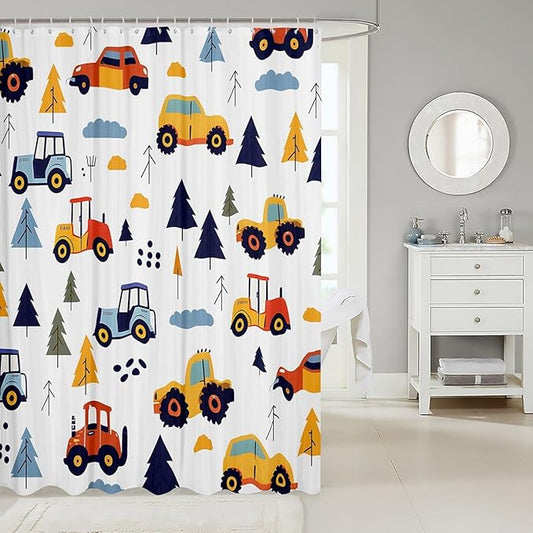 Feelyou Excavator Shower Curtain Cartoon Car Bathroom Shower Curtain Set Construction Vehicles Bath Curtain for Kids Boys Girls Equipment Trucks Kids Bathroom Accessories 72"x78"
