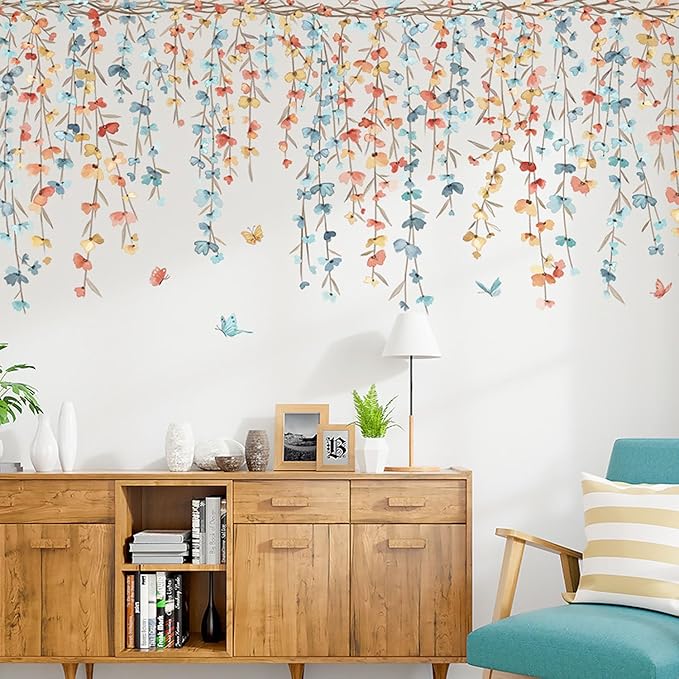 Multicolor Plants Flower Butterfly Wall Decals Garden Flower Vine Wall Corner Stickers Window Clings Bedroom Living Room Kitchen Decor