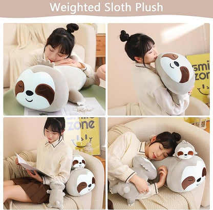 SQEQE Weighted Sloth Plush, Weighted Sloth Stuffed Animal for Anxiety, Cute Sloth Plushies Sloth Pillow Toy Gift for Kids Adults Brown 9.8 Inch, 0.8 lbs