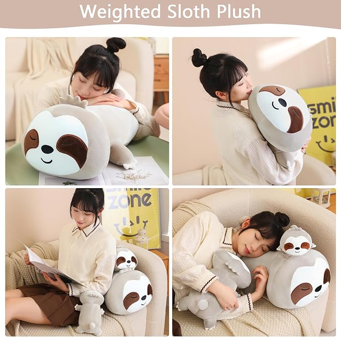 SQEQE Weighted Sloth Plush, Weighted Sloth Stuffed Animal for Anxiety, Cute Sloth Plushies Sloth Pillow Toy Gift for Kids Adults Brown 13.8 Inch, 1.6 lbs