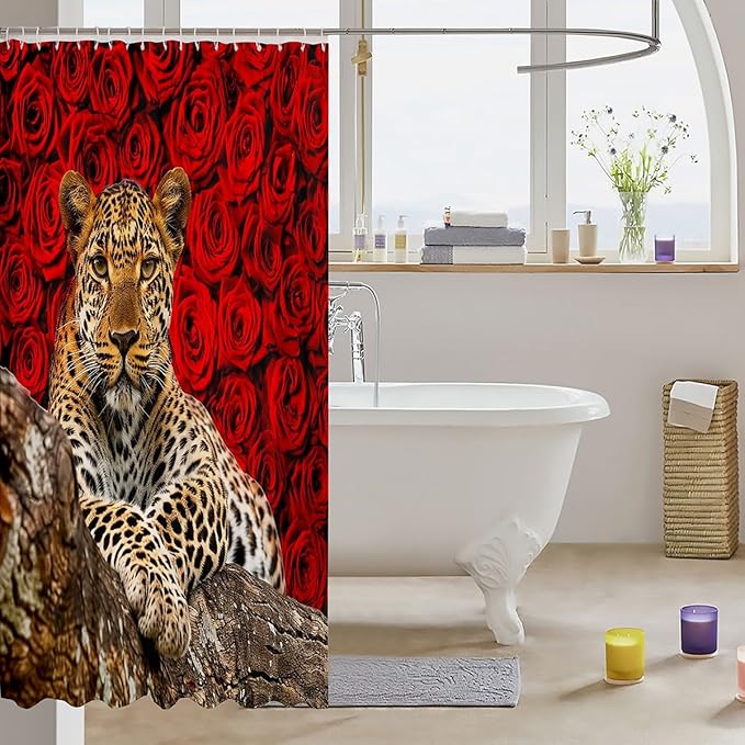 Feelyou Kids Leopard Bathroom Shower Curtain Set Leopard Shower Curtain Flower Leopard Bath Curtain for Kids Boys Girls Wild Leopard Kids Bathroom AccessoriesWild Animal 72"x84"