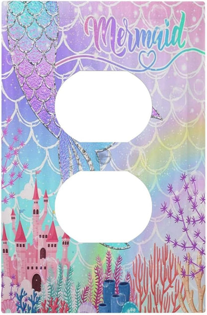 Silvery Glitter Cute Mermaid Tail Fantasy Castle Single Duplex Wall Plate Covers Light Switch Cover 1 Gang Outlet Plate Decorative Switchplate Covers Electrical Faceplate for Kidroom Nursery Decor