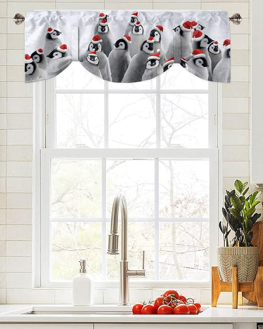 Funny Penguin with Christmas Hat Blackout Tie Up Valance Curtains for Kitchen Windows Winter Holidays Window Toppers Balloon Shades for Living Room/Bathroom/Bedroom,1 Panel,42" X 12"