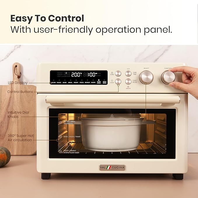 Retro Style Infrared Heating Air Fryer Toaster Oven, Extra Large Countertop Convection Oven 10-in-1 Combo, 6-Slice Toast, Enamel Baking Pan Easy Clean with Recipe Book, Almond Yellow Color