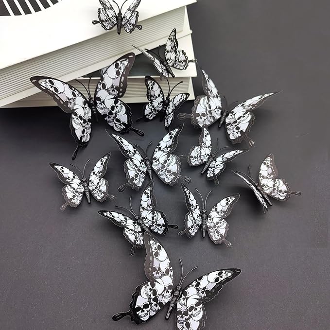 Halloween Wall Stickers 12Pcs Butterfly Wall Decor with Skull Design Halloween Wall Decals 3D Butterflys Wall Decorations Reusable Window Stickers for Halloween Party Home Room Art DIY Accessories