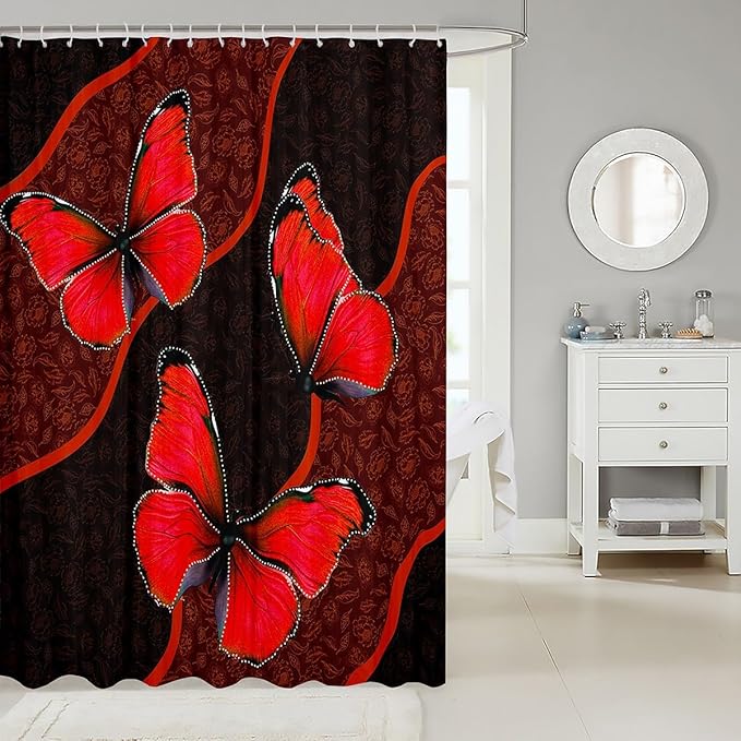 Feelyou Butterfly Shower Curtain 72"x84" Kids Butterflies Botanical Floral Print Bathroom Shower Curtain Set for Boys Girls Teens Geometric Stripes Bath Curtain Red Bathroom Accessories