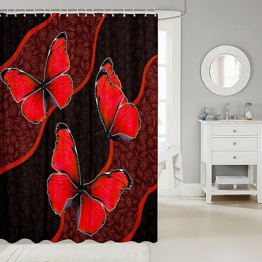 Feelyou Butterfly Shower Curtain 72"x84" Kids Butterflies Botanical Floral Print Bathroom Shower Curtain Set for Boys Girls Teens Geometric Stripes Bath Curtain Red Bathroom Accessories