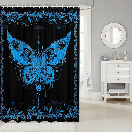 Feelyou Boho Blue Butterfly Bathroom Waterproof Accessories with 12 Hooks Bohemian Moth Shower Curtain for Kids Boys Girls Moon Galaxy Fabric Shower Curtain Black and Blue Curtains,72X72 Inches