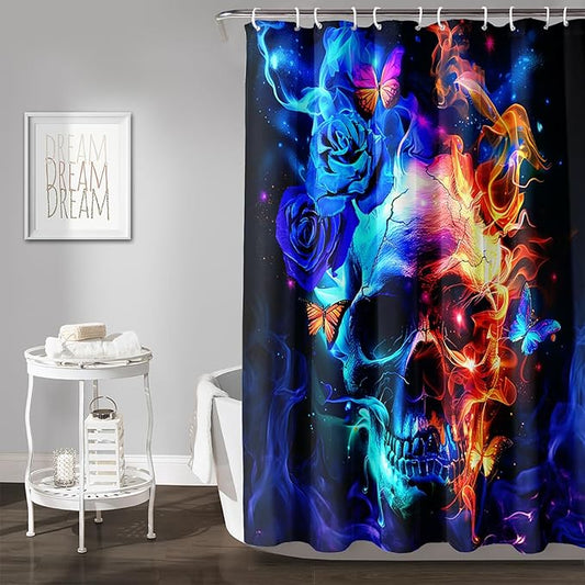 AILONEN Sugar Skull Shower Curtain,Blue Rose Flower Skull Bath Curtain,3D Printed Fire Skull Waterproof Curtain,Galaxy Butterfly Shower Curtain for Bathroom 72" W x 78" H