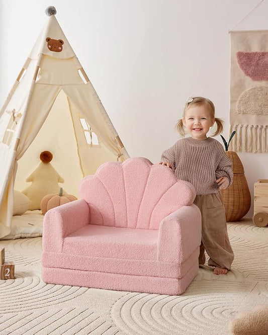 Blissful Diary Kids Couch, 2-in-1 Soft Toddler Couch Fold Out, Toddler Chair Comfy, Convertible Sofa to Lounger with Cute Shell Designs, Pink
