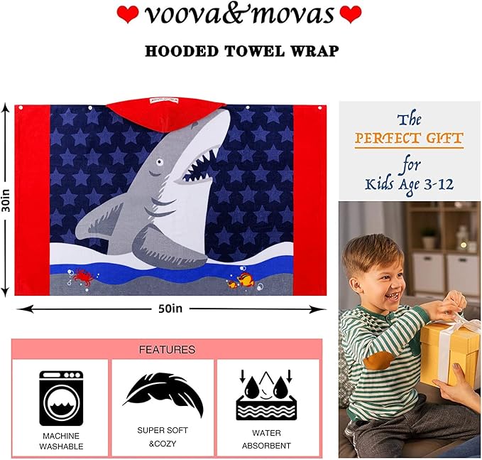VOOVA & MOVAS Toddler Bath Towels Age 3-10, Soft | Thick | Cotton | Oversized Absorbent - Beach | Bath | Pool | Swim Towels for Boys and Girls | Big White Shark