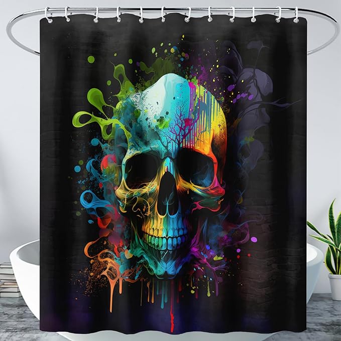 AILONEN Sugar Skull Shower Curtain for Bathroom,Watercolor Skull Bath Curtain Decoration,Minimalism Tie Dye Skeleton Print Waterproof Black Curtain with 12 Plastic Hooks, 72" W*84" H