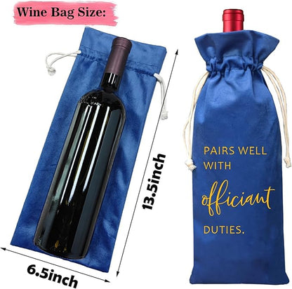 Wedding Officiant Wine Bag,Officiant Wine Bag,Pairs Well With Wedding Officiant Duties,Officiant Gift,Officiant Wedding Gift, Burlap Drawstring Wine Bag (Officiant-Blue)