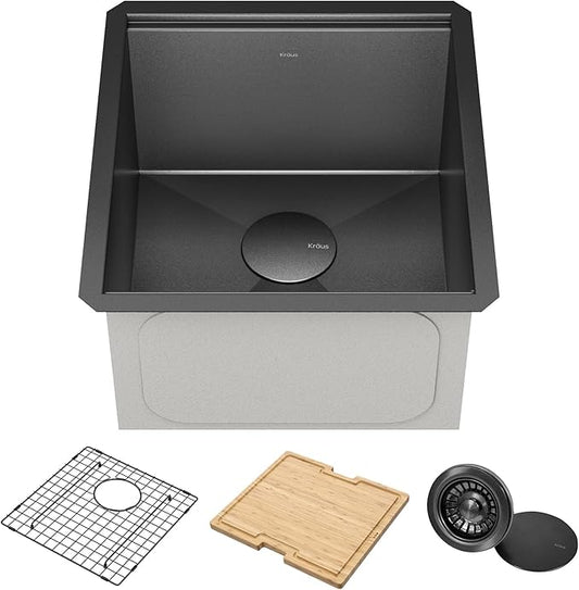 KRAUS Kore 17 Inch Undermount Workstation 16 Gauge Stainless Steel Single Bowl Kitchen Bar Sink n PVD Gunmetal Finish with Accessories, KWU1101-17-PGM