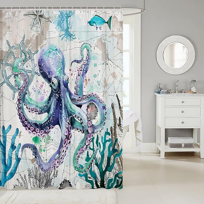 Feelyou Octopus Fabric Shower Curtain Ocean Kraken Shower Curtain for Kids Boys Girls Octopus Tentacles Bathroom Waterproof Accessories with 12 Hooks Nautical Curtains,72x72 Inches