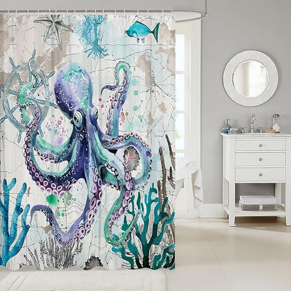 Feelyou Octopus Fabric Shower Curtain Ocean Kraken Shower Curtain for Kids Boys Girls Octopus Tentacles Bathroom Waterproof Accessories with 12 Hooks Nautical Curtains,72x72 Inches