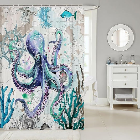 Feelyou Octopus Fabric Shower Curtain Ocean Kraken Shower Curtain for Kids Boys Girls Octopus Tentacles Bathroom Waterproof Accessories with 12 Hooks Nautical Curtains,72x72 Inches