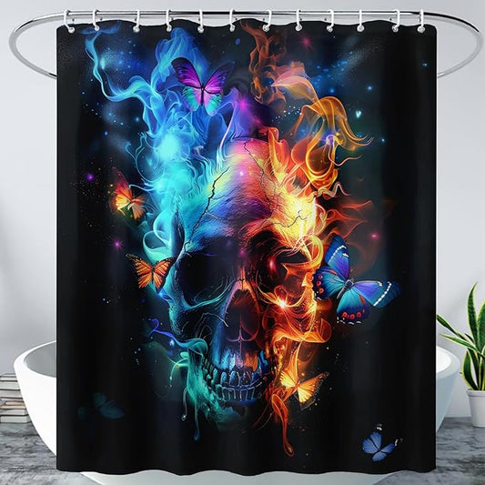 AILONEN Sugar Skull Shower Curtain for Bathroom,Blue and Red Smoky Skull Bath Curtain Decoration,Starry Butterfly Skull Skeleton Print Waterproof Shower Curtain with 12 Plastic Hooks, 72" W*78" H