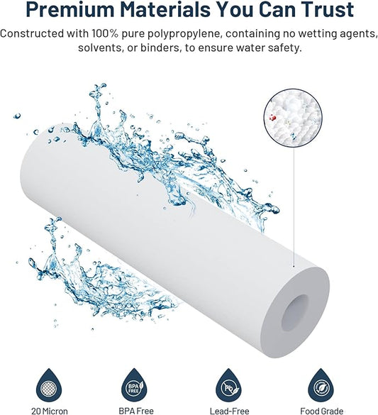 Whole House Water Filter Cartridge Replacement for Well Water, 20 Micron Water Filter 10 x 2.5 Melt Blown PP Sediment Water Filter Compatible with AP110, WHKF-GD05, CFS110, P5, WFPFC5002-6 Pack
