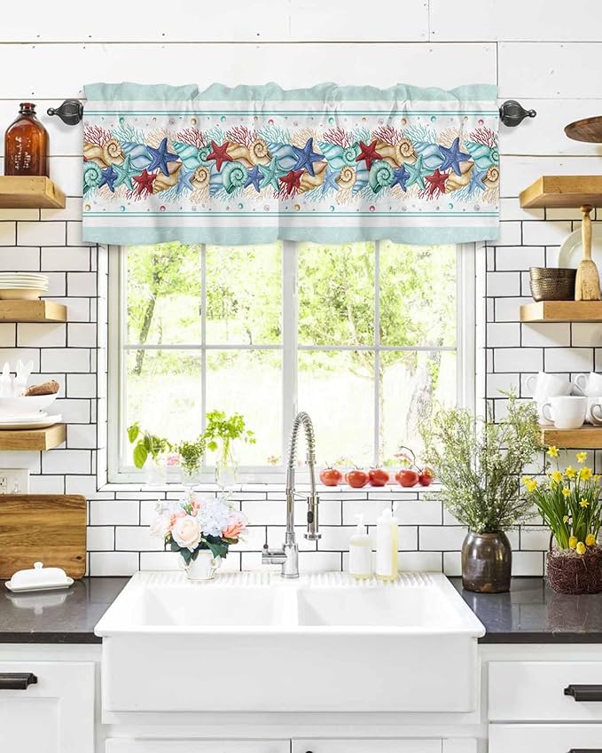 Vandarllin Coastal Beach Kitchen Curtains Valances for Windows Nautical Ocean Seashell Coral Starfish Rod Pocket Window Treatment for Kitchen/Living Room/Bedroom/Bathroom, 42" X 18", Aqua Blue Summer