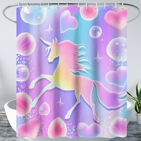 AILONEN Girls Unicorn Shower Curtain for Bathroom, Pink Hearts Rainbow Unicorn Bath Curtain,Cute Unicorn Kids Shower Curtain 72" W*84" H Polyester Waterproof Bathroom Curtain with 12 Hooks