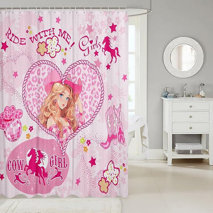 Western Cowgirl Kids Shower Curtains,Cowboy Boots Horseshoe Rustic Bathroom Curtains for Girls Women,Stars Leopard Flowers Cartoon Pink Romantic Waterproof Curtains,12 Hooks Suits,72"W x 78"L