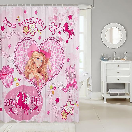 Western Cowgirl Kids Shower Curtains,Cowboy Boots Horseshoe Rustic Bathroom Curtains for Girls Women,Stars Leopard Flowers Cartoon Pink Romantic Waterproof Curtains,12 Hooks Suits,72"W x 78"L