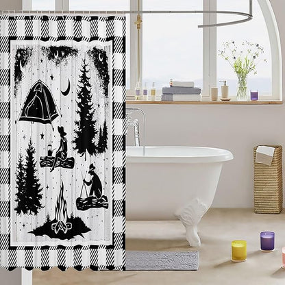 Feelyou Happy Camping Shower Curtain White Wooden Fabric Shower Curtain for Kids Rustic Farmhouse Style Bathroom Waterproof Accessories with 12 Hooks Black and White Plaid Curtains,72X78 Inches
