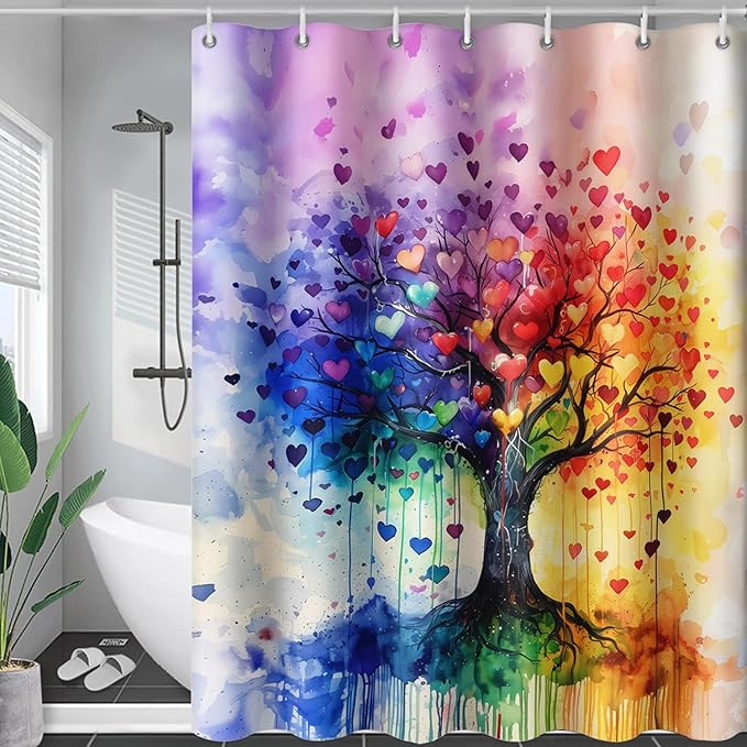 AILONEN Tree of Life Shower Curtain for Bathroom,Watercolor Hearts Tree Printed Waterproof Bath Curtain,Colorful Tree Leaves of Life Abstract Boho Shower Curtain 72" W x 78" H