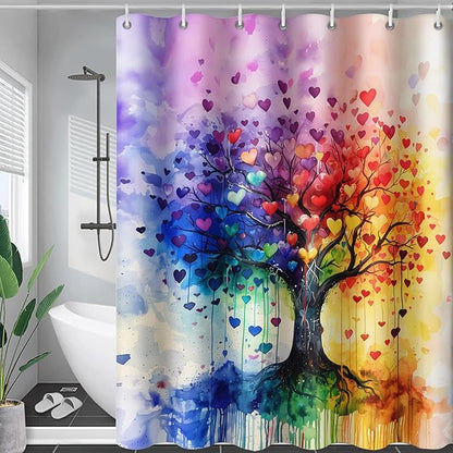 AILONEN Tree of Life Shower Curtain for Bathroom,Watercolor Hearts Tree Printed Waterproof Bath Curtain,Colorful Tree Leaves of Life Abstract Boho Shower Curtain 72" W x 78" H