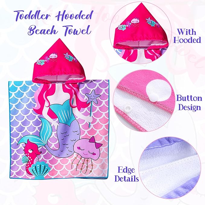 Mermaid Toddler Bath Beach Towel with Hood for Girls Ages 2-4 Years Kids Bath Towel Hooded Pool Towel Microfiber Absorbent Swim Cover Up Poncho Towel 24" x 24"