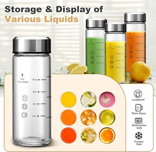 SIEROZUR Juice Bottles - 6 Pack Wide Mouth Glass Bottles with Lids - for Juicing, Smoothies, Infused Water, Beverage Storage - 12oz, BPA Free, Stainless Steel Lids, Leakproof, Reusable, Borosilicate
