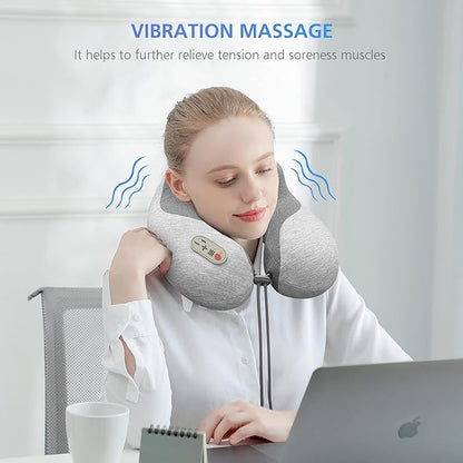 COMFIER Cordless Travel Pillow with Vibration Massager,Travel Neck Massage Pillow with Heat for Neck, Lightweight Memory Foam Neck Pillow,Head Support Soft Pillow for Airplane,Office