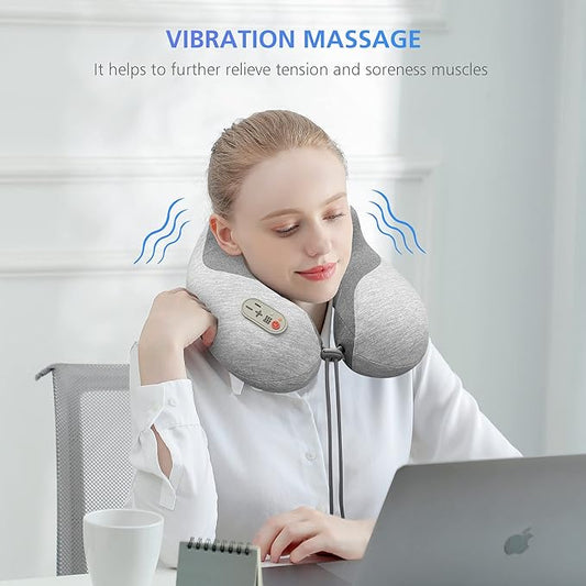 COMFIER Cordless Travel Pillow with Vibration Massager,Travel Neck Massage Pillow with Heat for Neck, Lightweight Memory Foam Neck Pillow,Head Support Soft Pillow for Airplane,Office