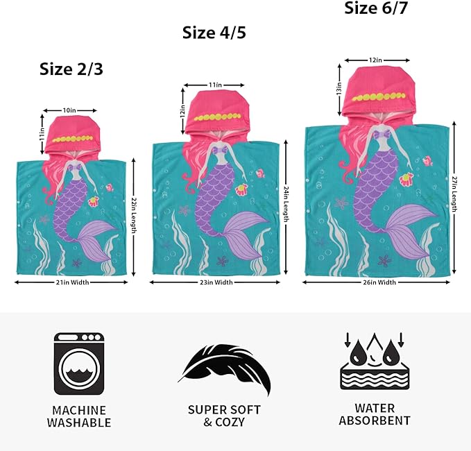 Boys and Girls Absorbent Hooded Beach Towel Pullover Character Microfiber Bath Towel with Side Snaps (Mermaid, 4-5)