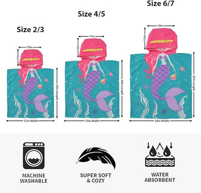 Boys and Girls Absorbent Hooded Beach Towel Pullover Character Microfiber Bath Towel with Side Snaps (Mermaid, 2-3T)