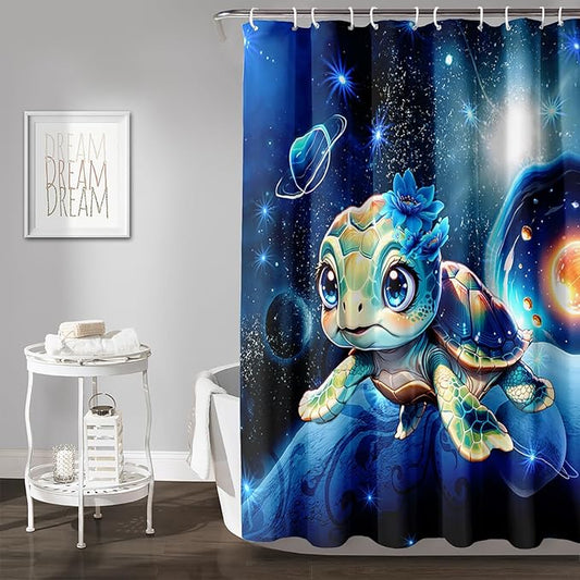 AILONEN 3D Sea Turtle Shower Curtain for Bathroom, Cute Turtle Blue Space Galaxy Bath Curtain,Kids Kawaii Ocean Turtle Decorative Watercolor Curtain with 12 Plastic Hooks for Boys Girls 72" W*78" H