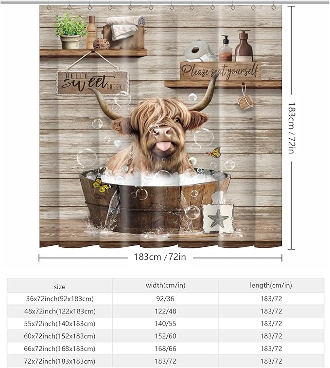 Farmhouse Highland Cow Shower Curtain Funny Western Farm Animal Bull Shower Curtains for Bathroom Decor Waterproof Polyester Fabric Country Cattle Bathroom Curtain with Hooks 55x72 Inch