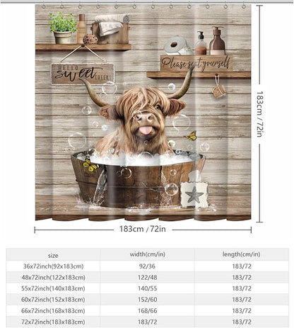 Farmhouse Highland Cow Shower Curtain Funny Western Farm Animal Bull Shower Curtains for Bathroom Decor Waterproof Polyester Fabric Country Cattle Bathroom Curtain with Hooks 55x72 Inch