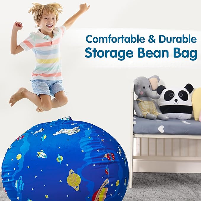 Lukeight Stuffed Animal Storage Bean Bag Chair Cover for Kids, Zipper Beanbag Chair Cover for Organizing Toddler and Kids' Rooms Plush Toys (Outer Space Velvet, Large)