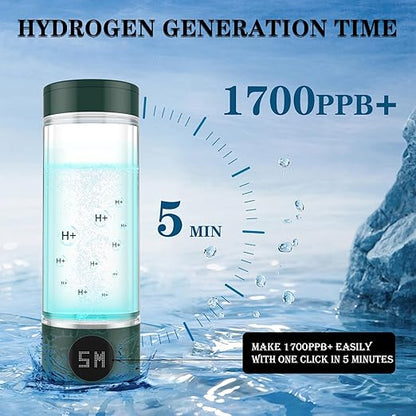 Hydrogen Water Bottle, Hydrogen Water Generator 1700+PPB Fourth Generation SPE PEM Technology, Portable High Borosilicate Glass Hydrogen Water Generator Quick Electrolysis