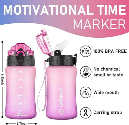 GOPPUS Kids Water Bottle with Straw Spout Lid 10pcs Stickers 12 oz Leak-proof BPA Free Motivational Time Marker Tritan Plastic Water Bottles for Girls Boys School Sports