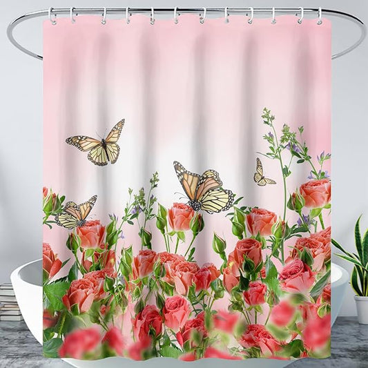 AILONEN Butterfly Shower Curtain for Bathroom, Red Flower Bath Curtain,Flying Butterfly Bathroom Curtain,Polyester Waterproof Bathroom Decor Curtain with 12 Plastic Hooks(48" W*72" H)