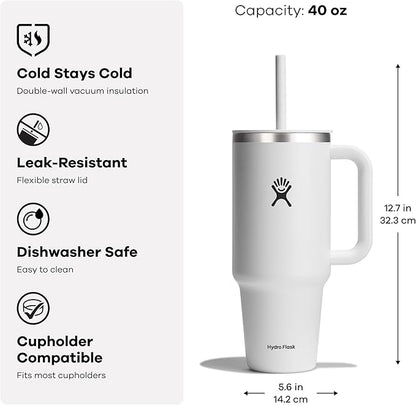 Hydro Flask Travel Tumbler Stainless Steel Vacuum Insulated Tumbler with Lid and Straw for Cold Water and Drinks for Sports, School, Work, Car, Travel, Weekends
