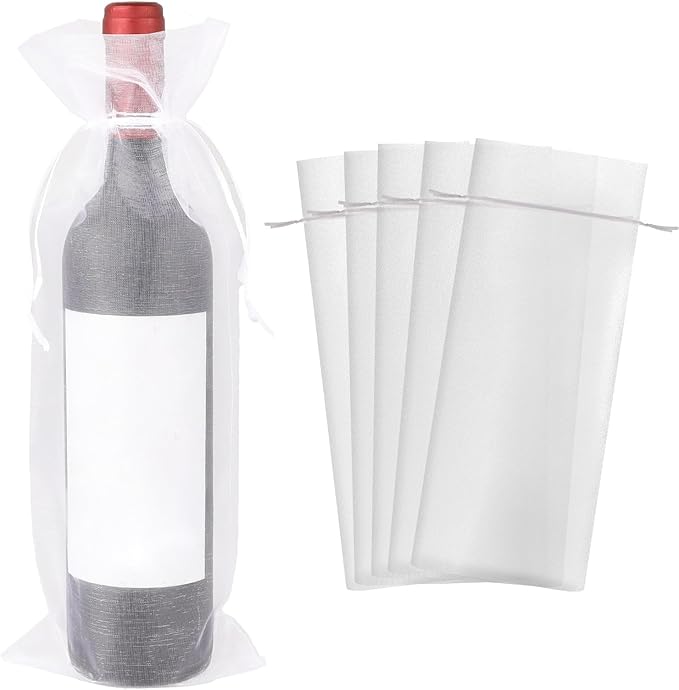 Trinkrittey 30 Pcs Organza Wine Bags 14.6" x5.5" White Organza Wine Bags Wine Bottle Gift Bags with Drawstrings Sheer Mesh Wine Gift Pouches for Wedding Festival Party Birthday