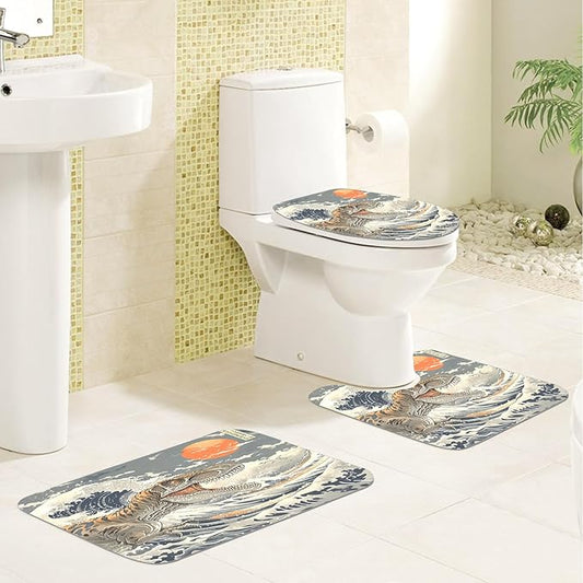 4PCS Dinosaur Shower Curtain Set with 12 Hooks for Bathroom Sets Dinosaur Decor, Non-Slip Rugs and Toilet Mat Lid Rug, Durable Waterproof for Bathroom Cool Japanese Ocean Wave Decor 72x72 Inch