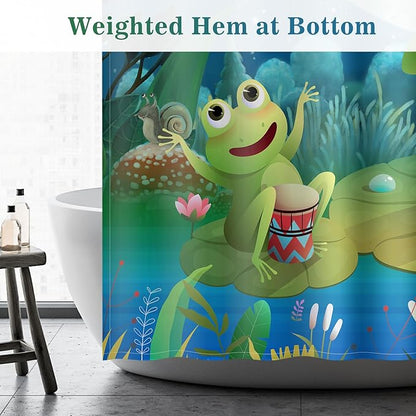 Aimego Long Funny Shower Curtain - Cute Cartoon Frogs Lotus Leaf Floral Pond Moon Fun Fabric Cloth Shower Curtain Set with 12 Hooks for Kids Bathroom Decor Accessories Bathtub Curtain, 72"x78"