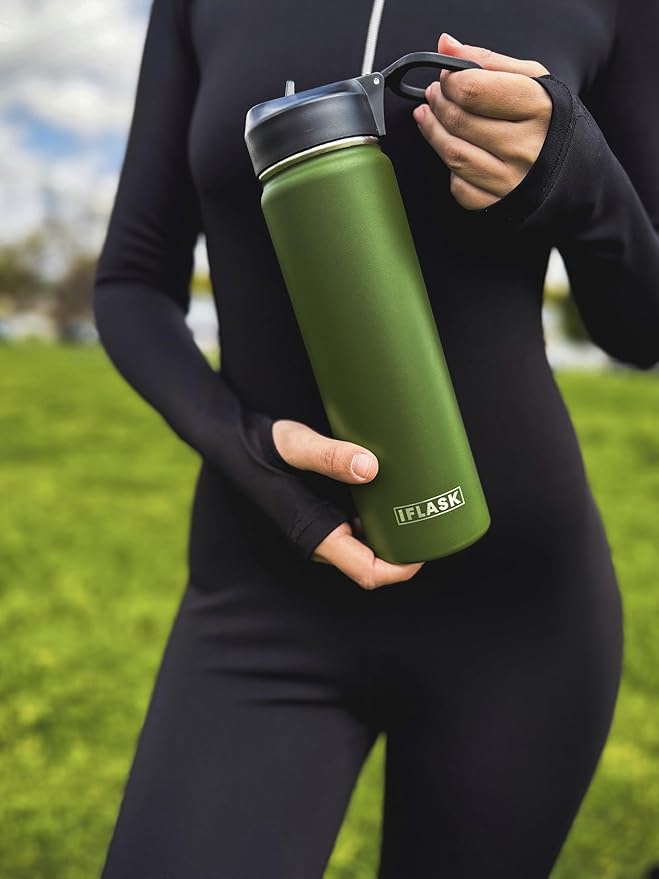 Sport Travel Outdoor Water Bottle with Spout and Straw Lids | Leak Proof | Insulated Stainless Steel Double Walled | BPA and Sweat free | Hot & Cold | For Kids Men & Women (Green, 22 oz)