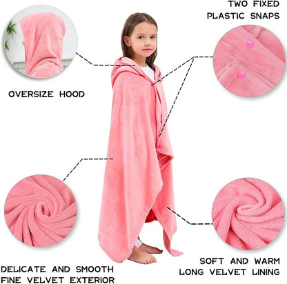 Hiturbo 2Pcs Kids Fleece Hooded Towel: Soft Plush Warm Blanket - 50"x30" Pool Beach Bath Swim Towel Wrap for 3-12 Yrs (Pink)